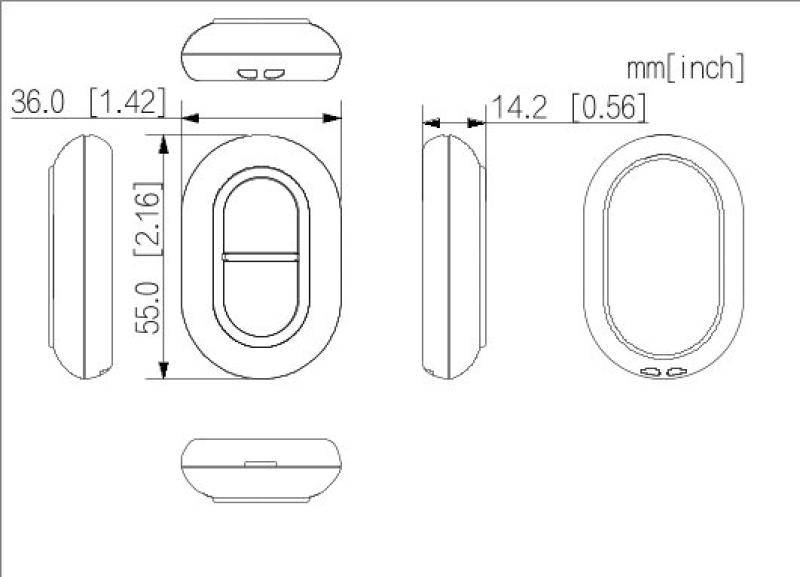 Technische Strichzeichnung eines ovalen Geräts mit Vorder-, Seiten- und Draufsicht mit Abmessungen 36,0 mm x 55,0 mm und 14,2 mm Tiefe.