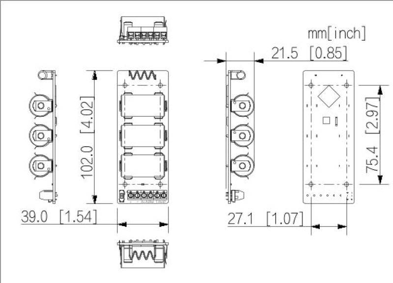Technische Maßzeichnung einer rechteckigen elektronischen Komponente, die Front-, Seiten- und Draufsichten mit Abmessungen in mm und Zoll zeigt, einschließlich einer Höhe von 102,0 mm und einer Breite von 21,5 mm.