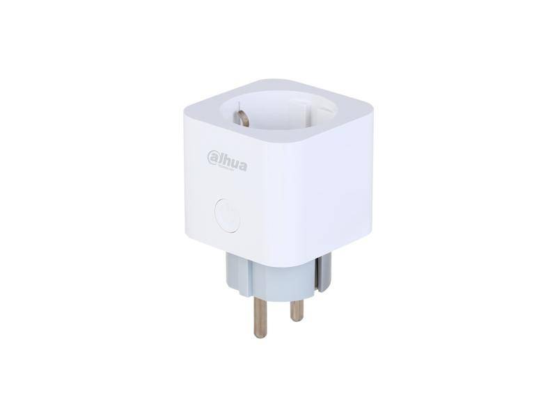 Weißer Dahua Stecker-Smart-Steckdosenadapter mit europäischem zweipoligen Stecker und einer einzelnen Fronttaste, dargestellt auf einem einfachen Hintergrund.
