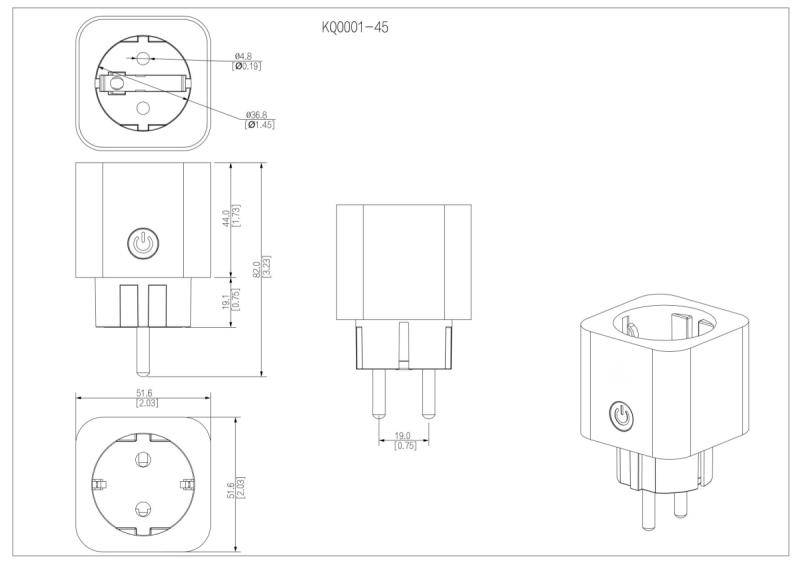 Technische Zeichnung eines einzubaubaren intelligenten Steckdosenadapters mit Vorder-, Seiten-, Draufsicht und 3D-Ansichten mit Abmessungen und einem Netzschalter.