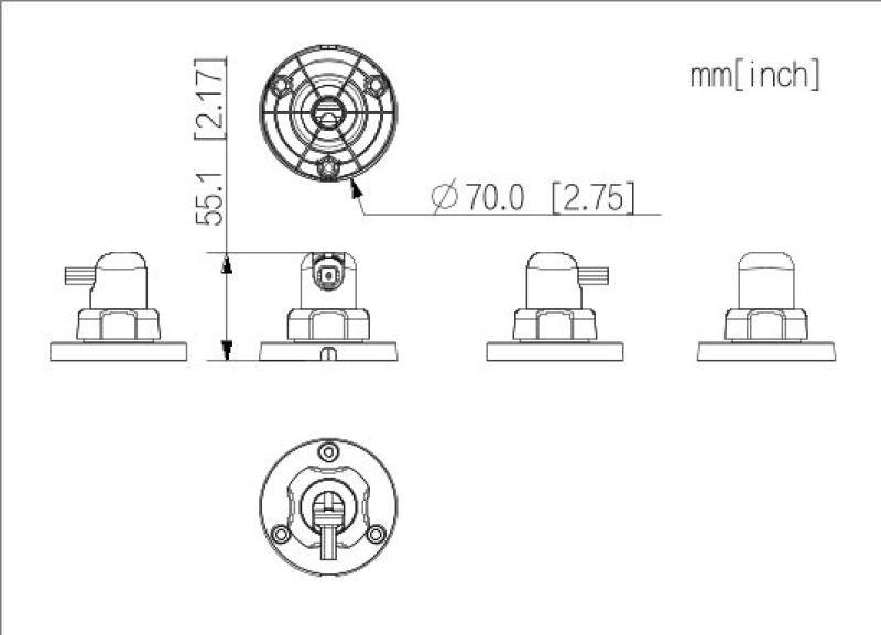Technische Maßstabzeichnung eines kreisförmigen mechanischen Teils, die Vorder-, Seiten- und Draufsicht mit Maßen von 55,1 mm [2,17] und Durchmesser 70,0 mm [2,75] zeigt.