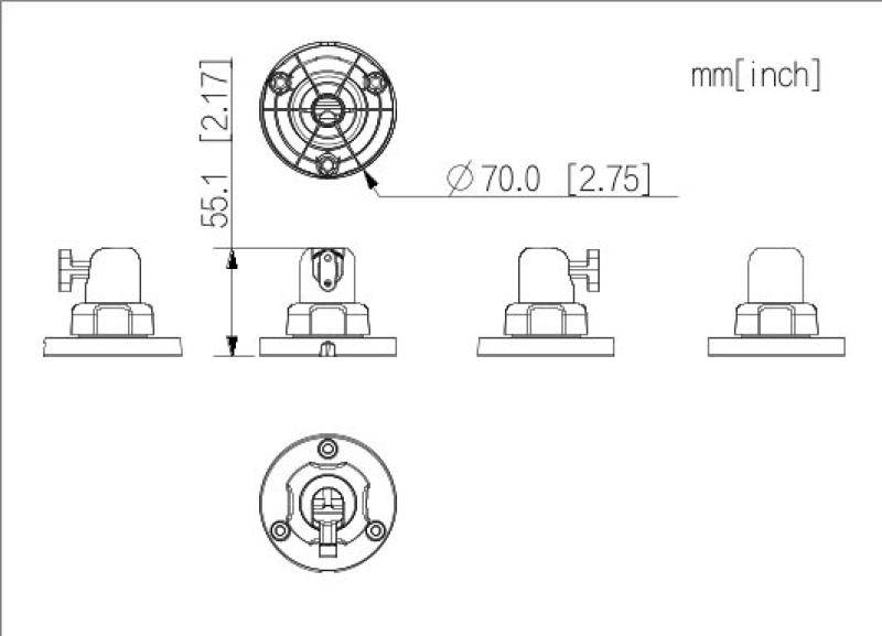 Technische Maßzeichnung eines kleinen runden Geräts, das Draufsicht und Seitenansicht mit Abmessungen von 55,1 mm Höhe und 70,0 mm Durchmesser zeigt, beschriftet mm[Zoll].