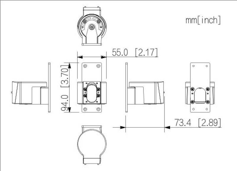 Maßstabgerechte technische Zeichnung einer kleinen mechanischen Halterung/Vorrichtung mit mehreren Ansichten und Abmessungen in mm und Zoll: 55,0 [2,17], 94,0 [3,70], 73,4 [2,89].