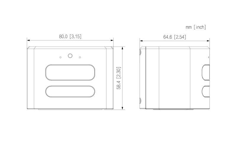 Maßstabgetreue technische Zeichnung eines rechteckigen Geräts mit Vorder- und Seitenansicht, die Größe 80,0 x 58,4 mm und Tiefe 64,6 mm zeigt.
