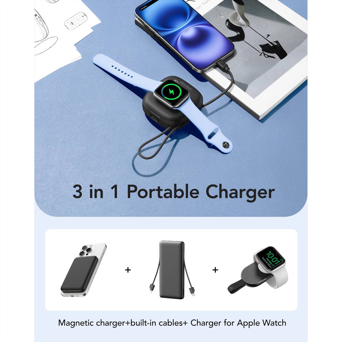 Werbegrafik eines tragbaren 3-in-1-Ladegeräts mit einem Telefon, einer Powerbank und einem Apple-Watch-Ladegerät, gekennzeichnet mit „3-in-1-Tragbares Ladegerät