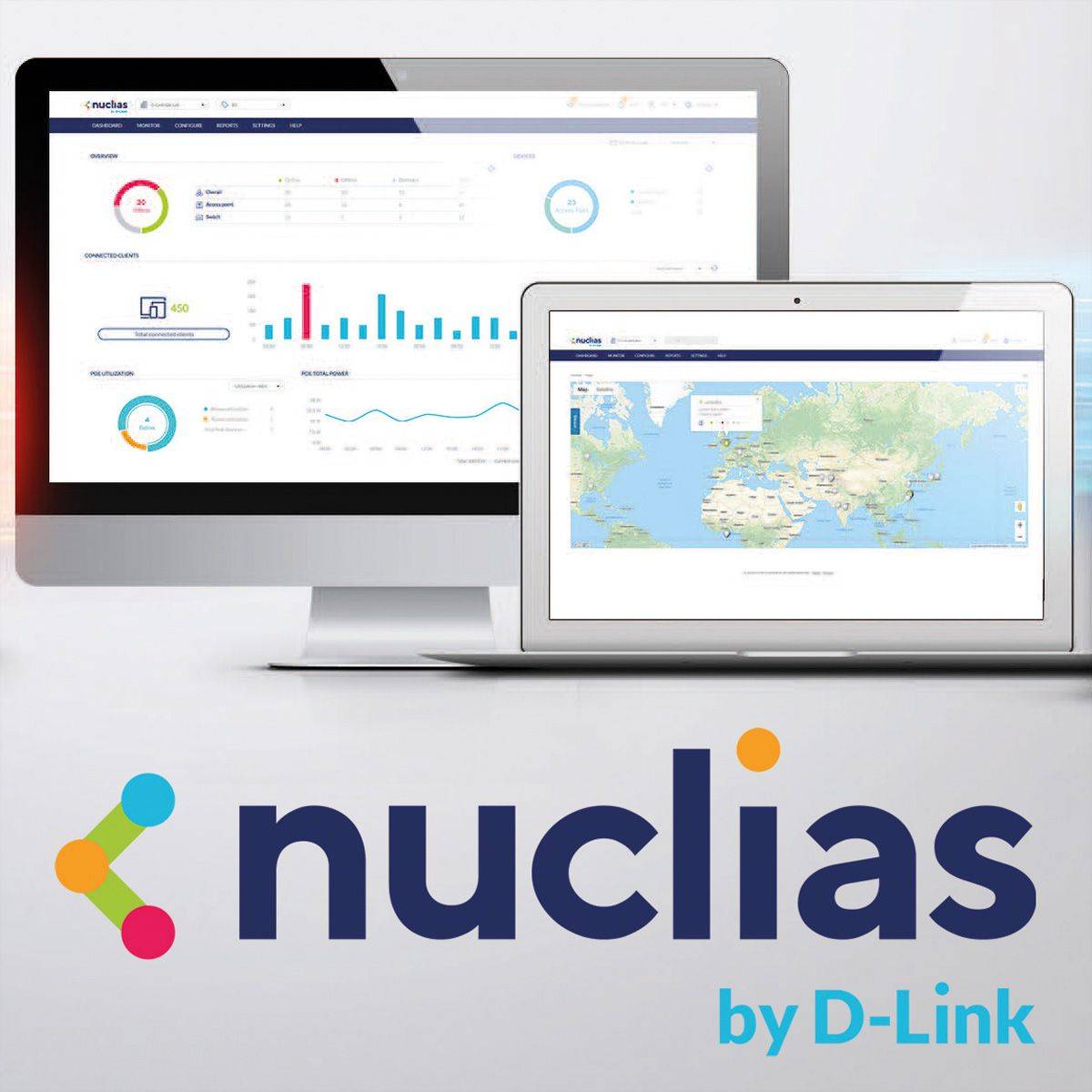 Produktbild mit dem Nuclias von D-Link Logo und zwei Geräten, die ein Netzwerkverwaltungs-Dashboard mit Diagrammen und einer Weltkarte anzeigen.