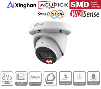 Dahua-Kuppel-Sicherheitskamera mit Starlight, AcuPick, SMD, Smart Dual Light und WizSense-Branding, plus Funktionssymbole für 8MP und intelligente Erkennung.