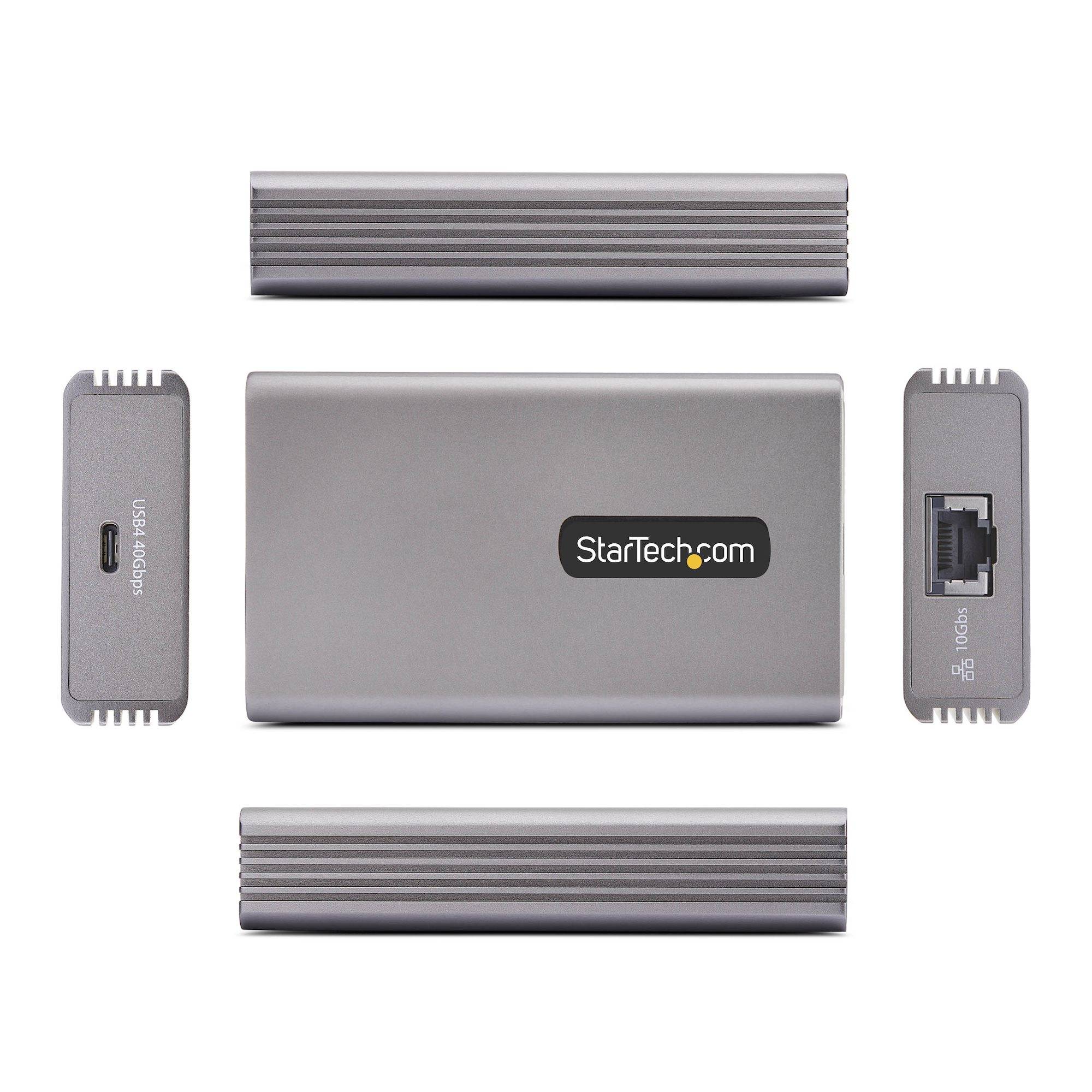 StarTech.com USB-C zu HDMI und Gigabit Ethernet Adapter aus mehreren Winkeln dargestellt, einschließlich Anschluss- und Steckeransichten.