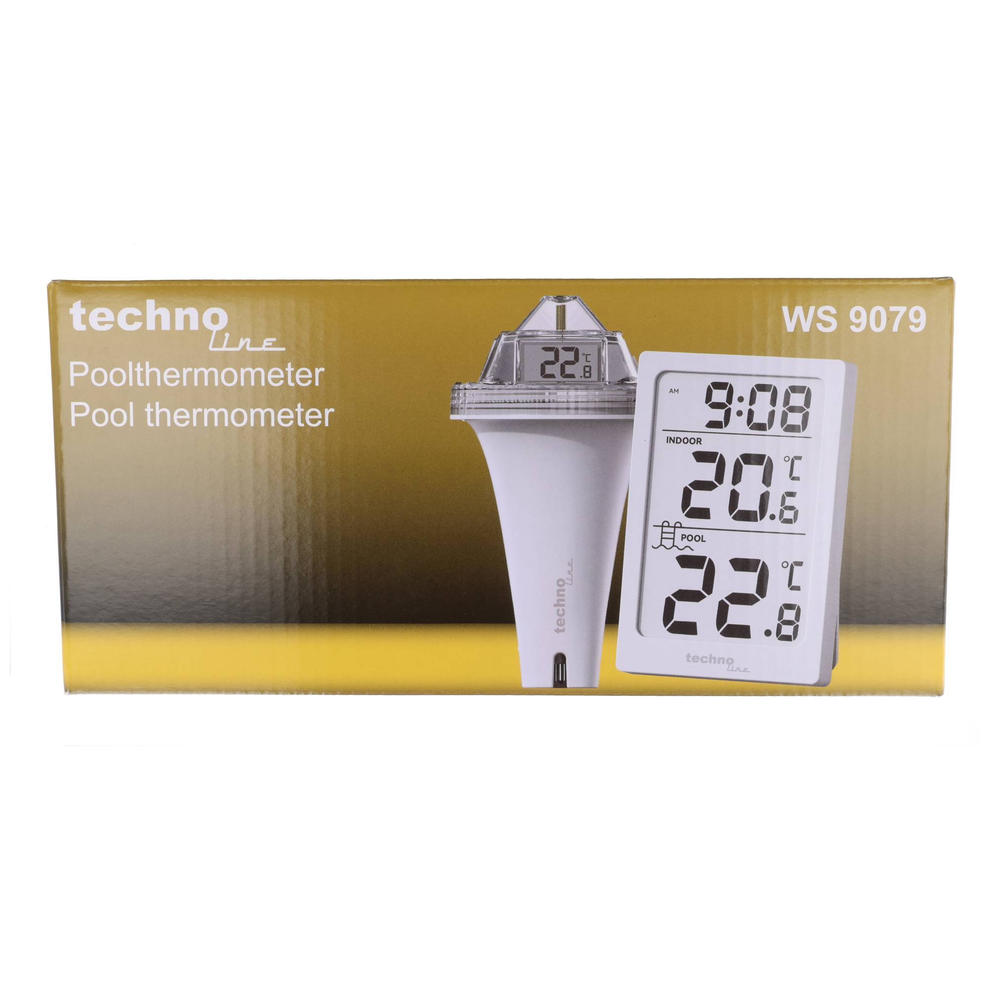 Packung für Techno Line WS 9079 Poolthermometer, zeigt das Thermometer und die Anzeige mit einer Innentemperatur von 20,6°C und Pooltemperatur von 22,8°C um 9:08 Uhr.