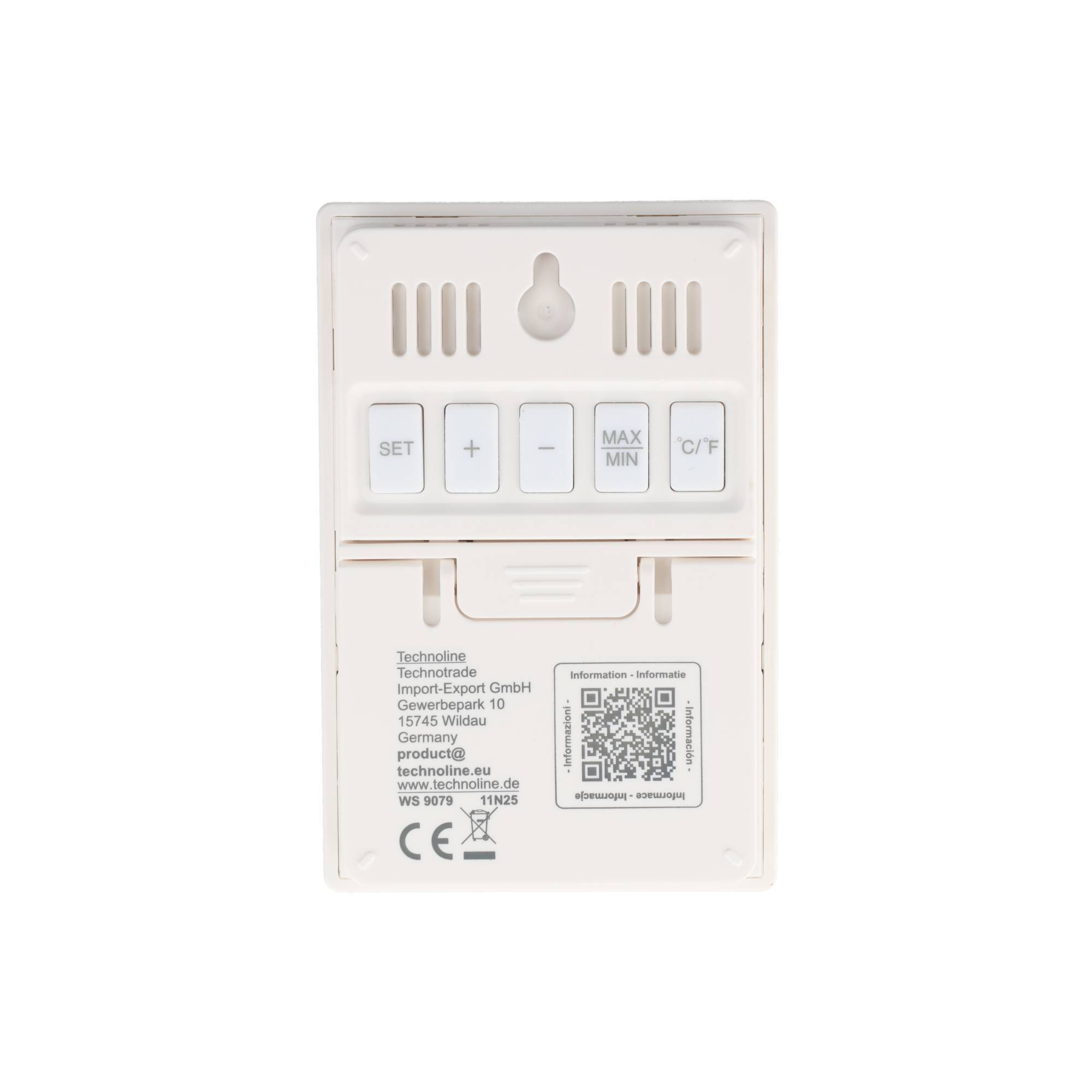 Rückseite eines weißen digitalen Thermometers oder einer Wetterstation, auf der Tasten, Lüftungsöffnungen, ein QR-Code und ein Produktinformationsetikett zu sehen sind.