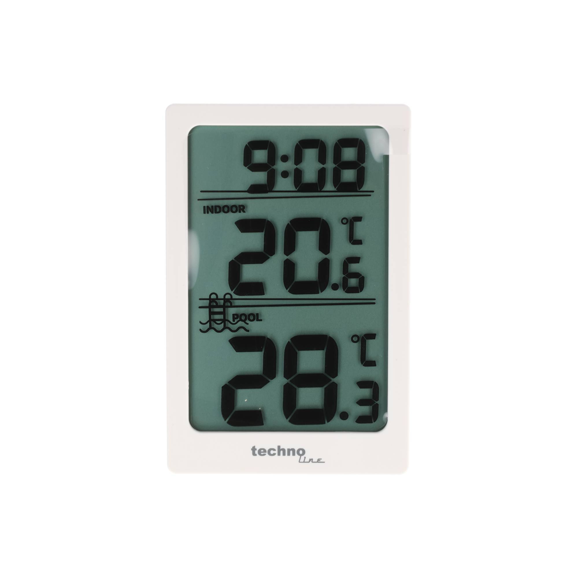 Digitale Thermometeranzeige zeigt 9:08 Uhr, Innentemperatur 20,6°C und Pooltemperatur 28,3°C.