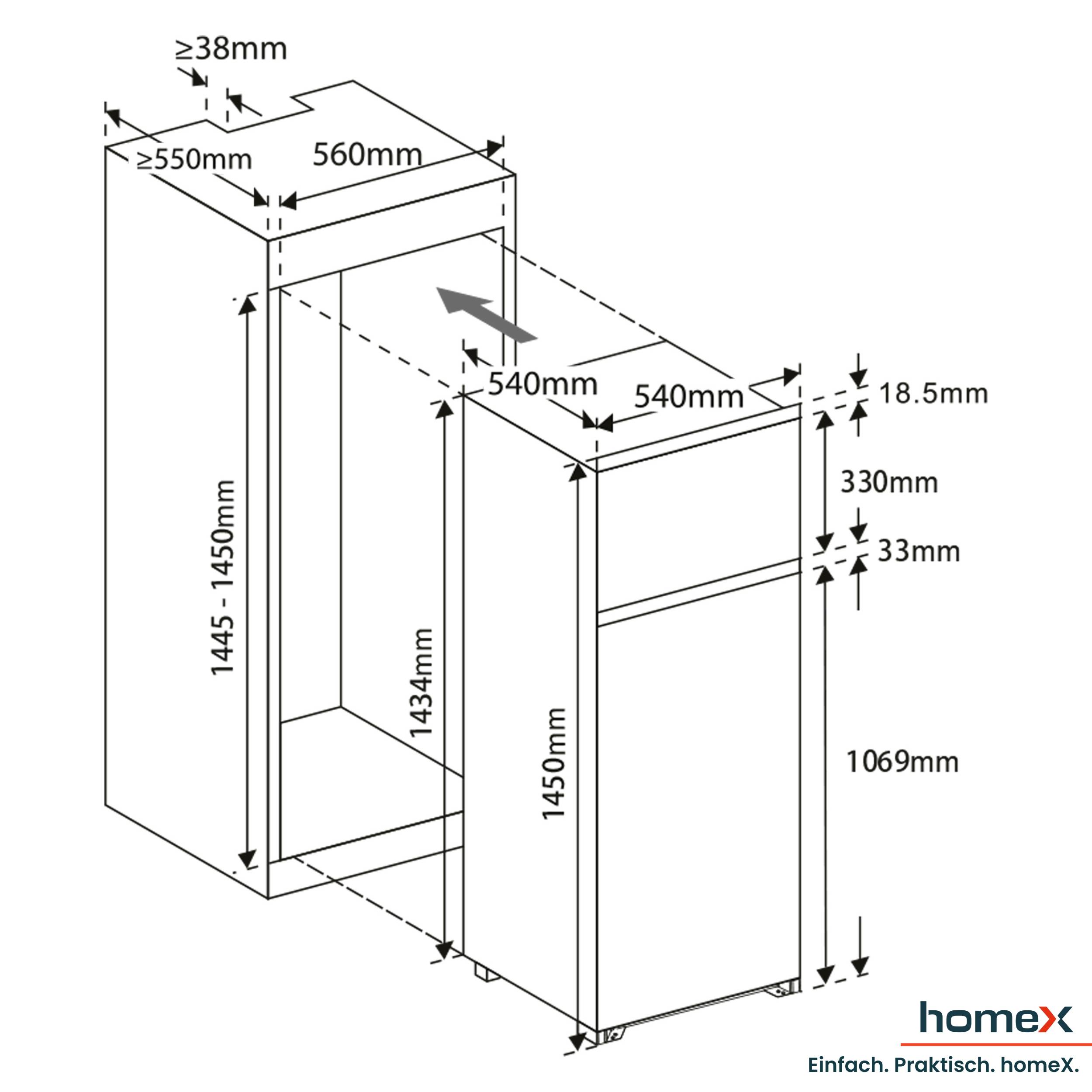 homeX CFB2051E Einbaukühlschrank mit Gefrierfach, Einbau Kühl Gefrierkombination, 145cm Nische - 205 Liter, Schlepptür