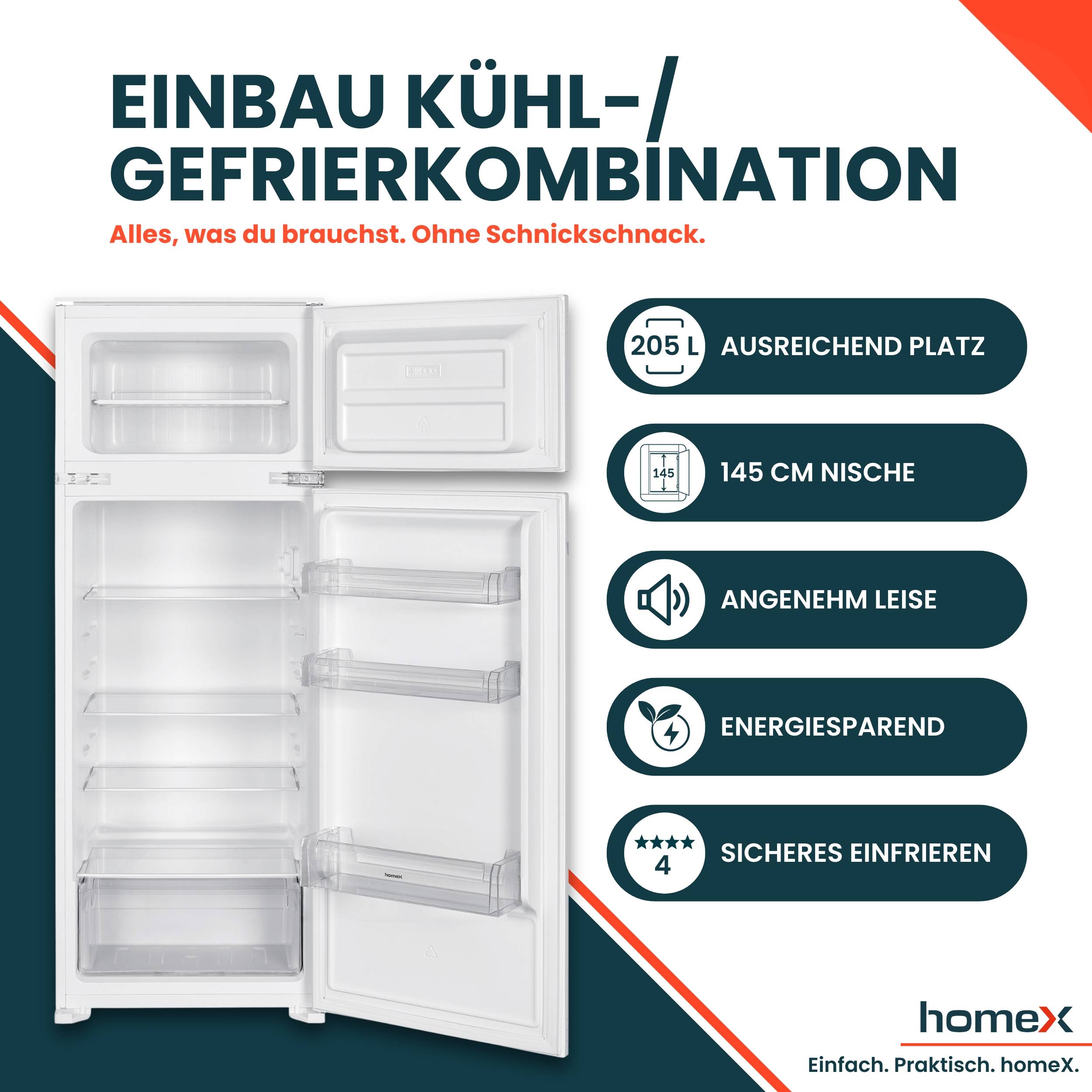 homeX CFB2051E Einbaukühlschrank mit Gefrierfach, Einbau Kühl Gefrierkombination, 145cm Nische - 205 Liter, Schlepptür