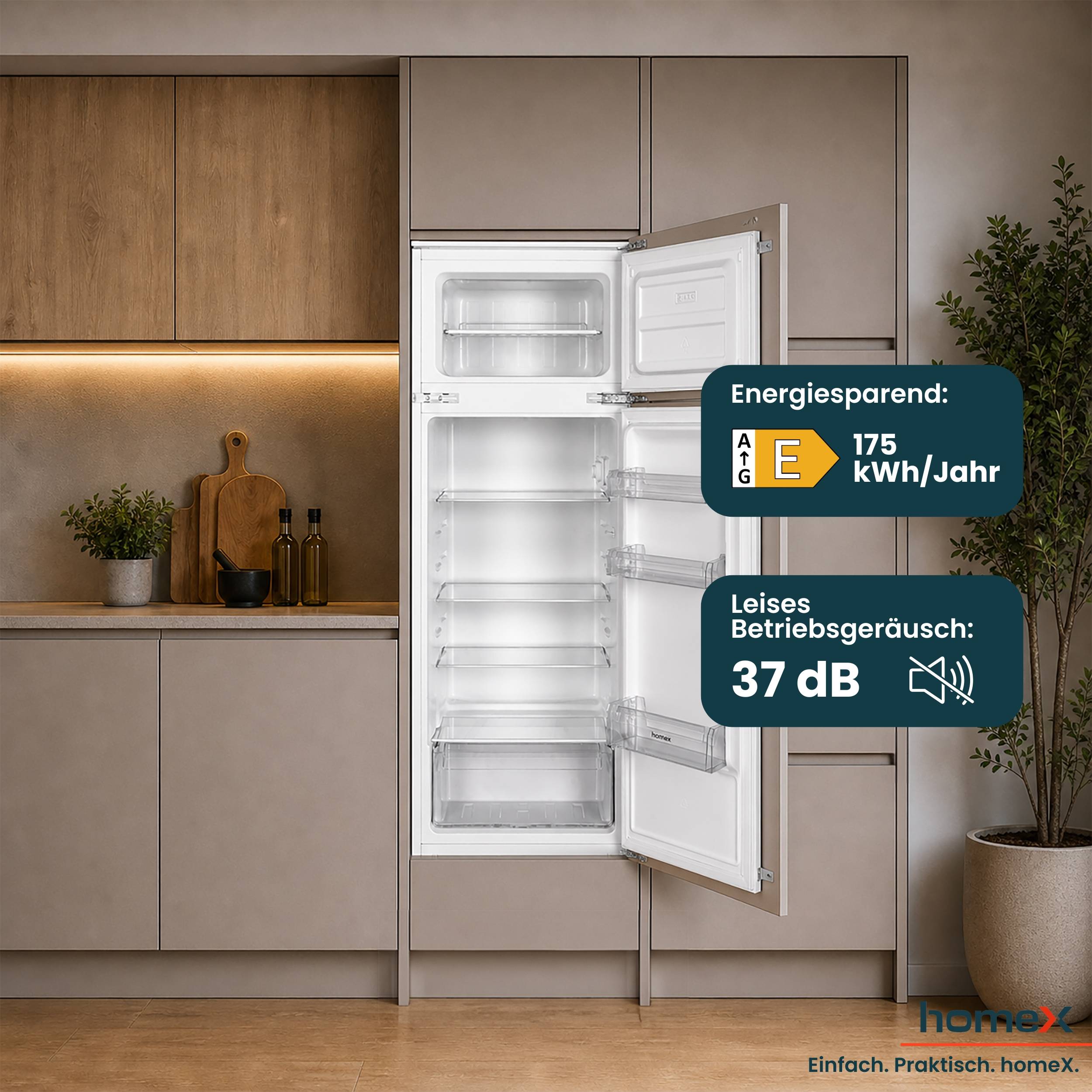 homeX CFB2051E Einbaukühlschrank mit Gefrierfach, Einbau Kühl Gefrierkombination, 145cm Nische - 205 Liter, Schlepptür