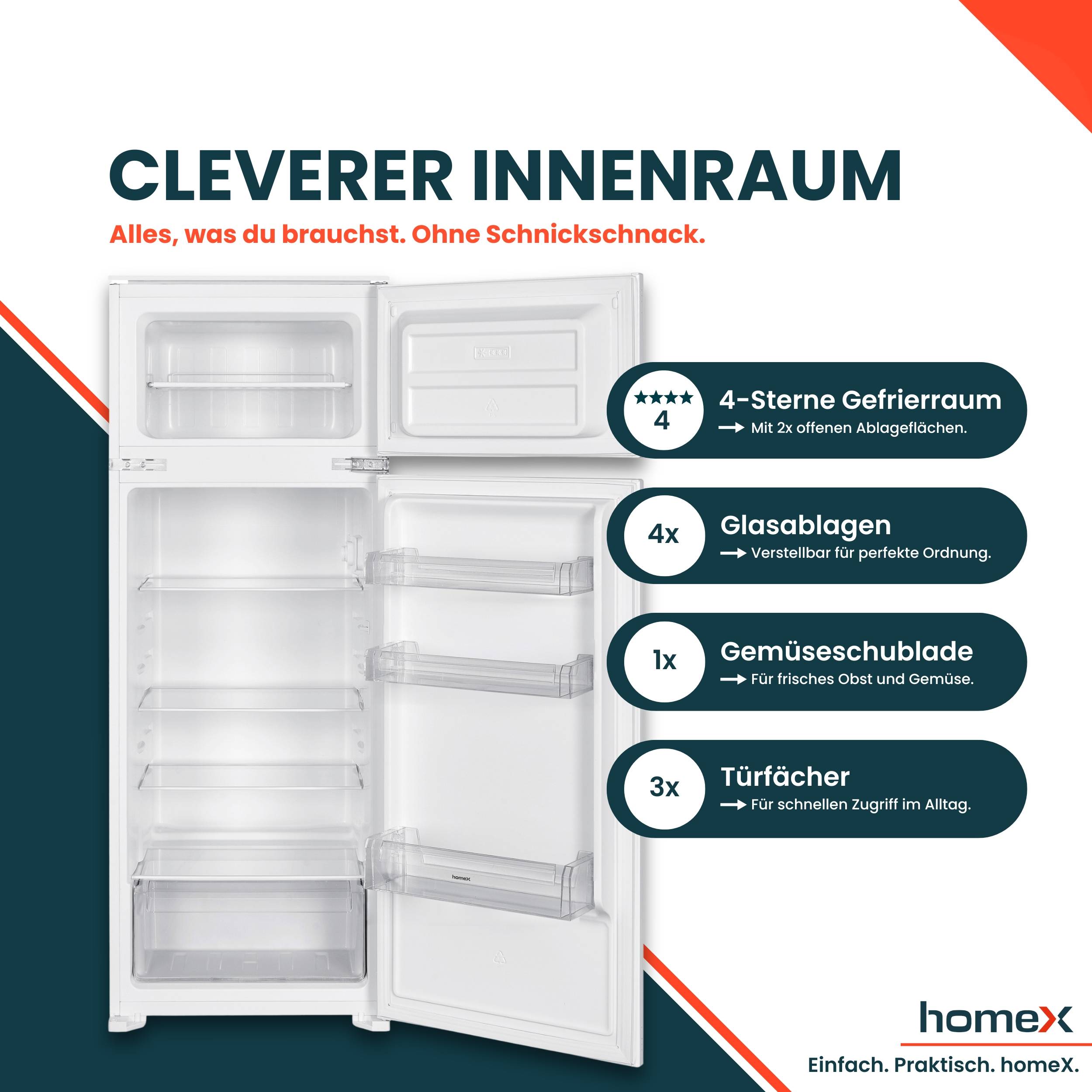 homeX CFB2051E Einbaukühlschrank mit Gefrierfach, Einbau Kühl Gefrierkombination, 145cm Nische - 205 Liter, Schlepptür