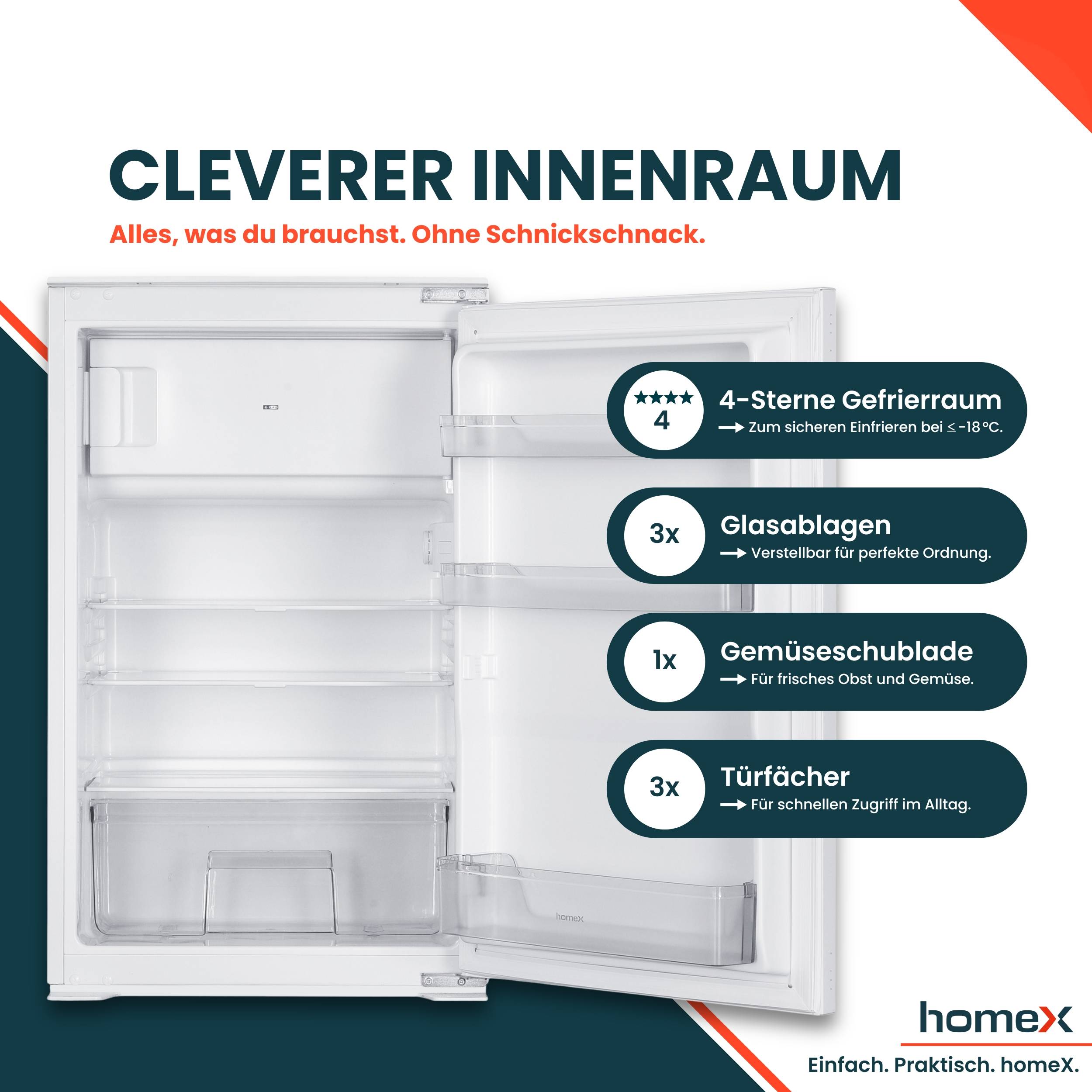 homeX CFB1181E Einbaukühlschrank mit Gefrierfach, 88cm Nische - 118 Liter, Schlepptürtechnik, LED-Beleuchtung, 37 dB
