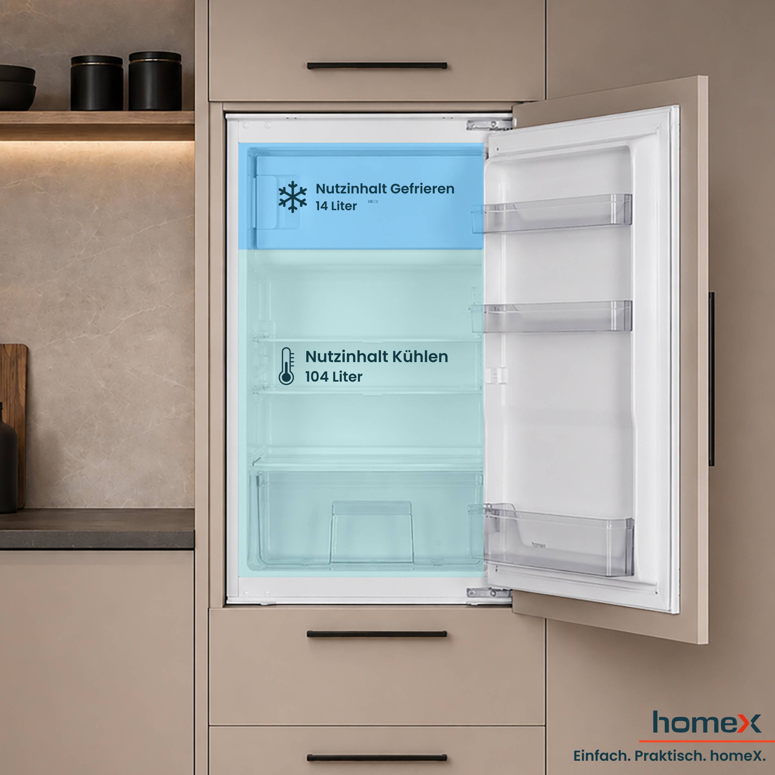 homeX CFB1181E Einbaukühlschrank mit Gefrierfach, 88cm Nische - 118 Liter, Schlepptürtechnik, LED-Beleuchtung, 37 dB
