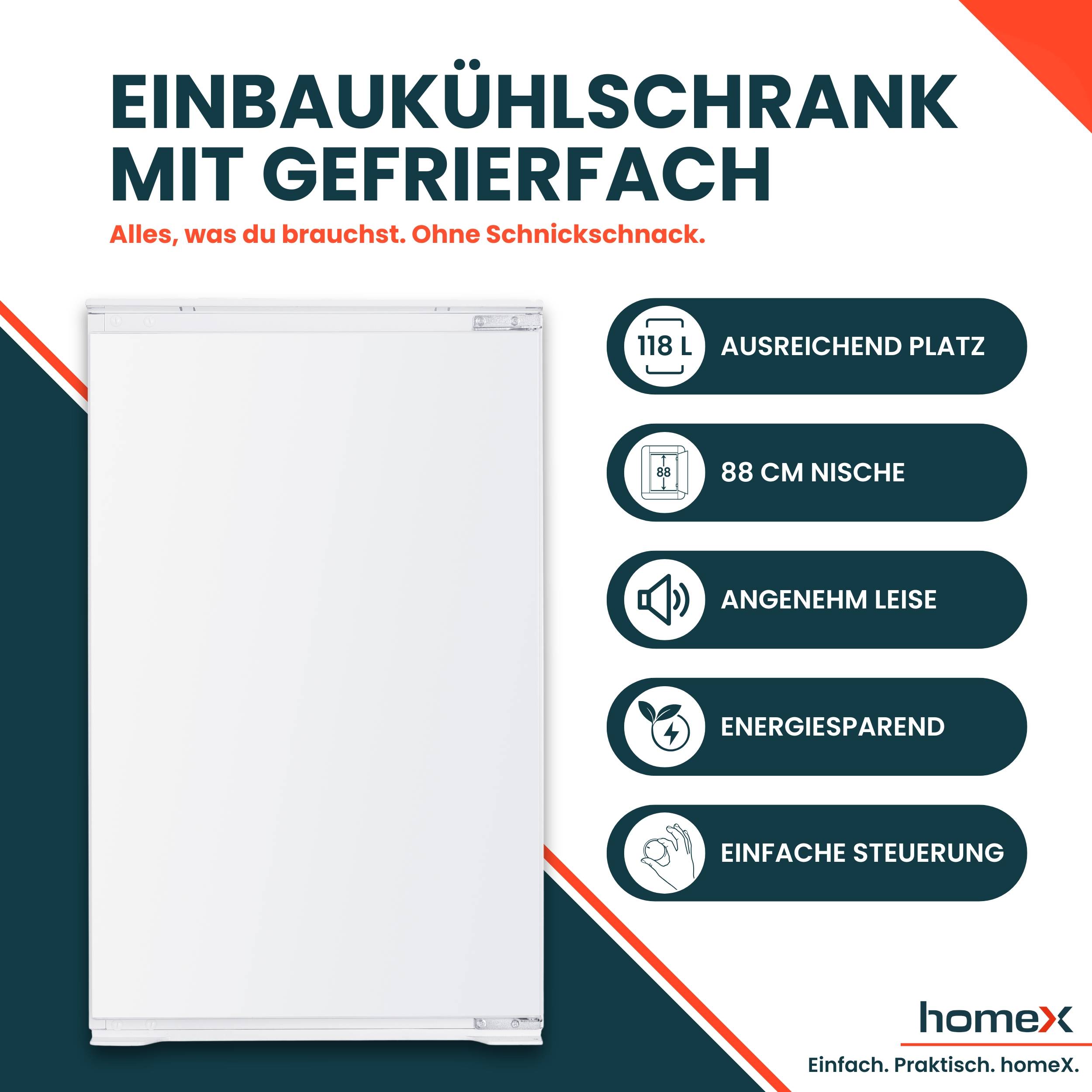 homeX CFB1181E Einbaukühlschrank mit Gefrierfach, 88cm Nische - 118 Liter, Schlepptürtechnik, LED-Beleuchtung, 37 dB