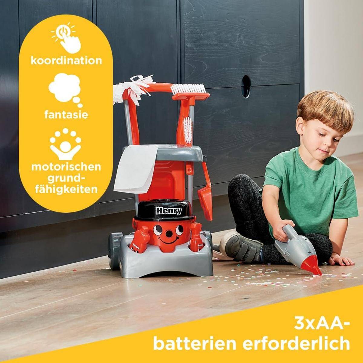 Casdon Henry Deluxe Putzwagen Rotes Spielset Reinigungswagen-Set 3+ Putzset