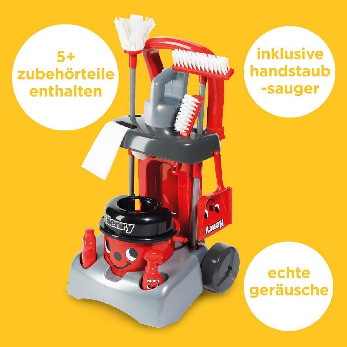 Casdon Henry Deluxe Putzwagen Rotes Spielset Reinigungswagen-Set 3+ Putzset