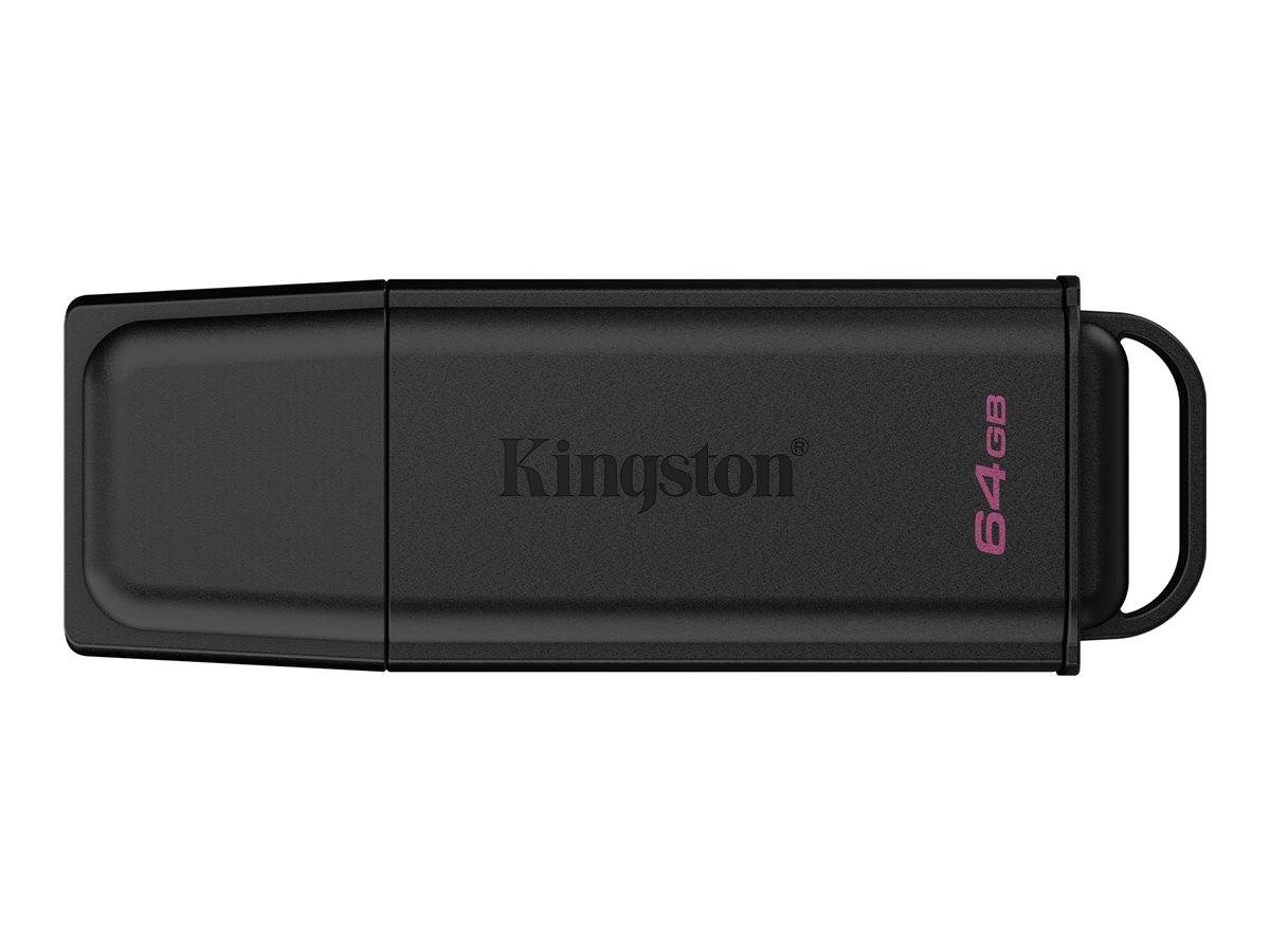 Schwarzer Kingston 64GB USB-Stick mit einer Schlaufe zum Herausziehen am rechten Ende, gezeigt auf weißem Hintergrund.