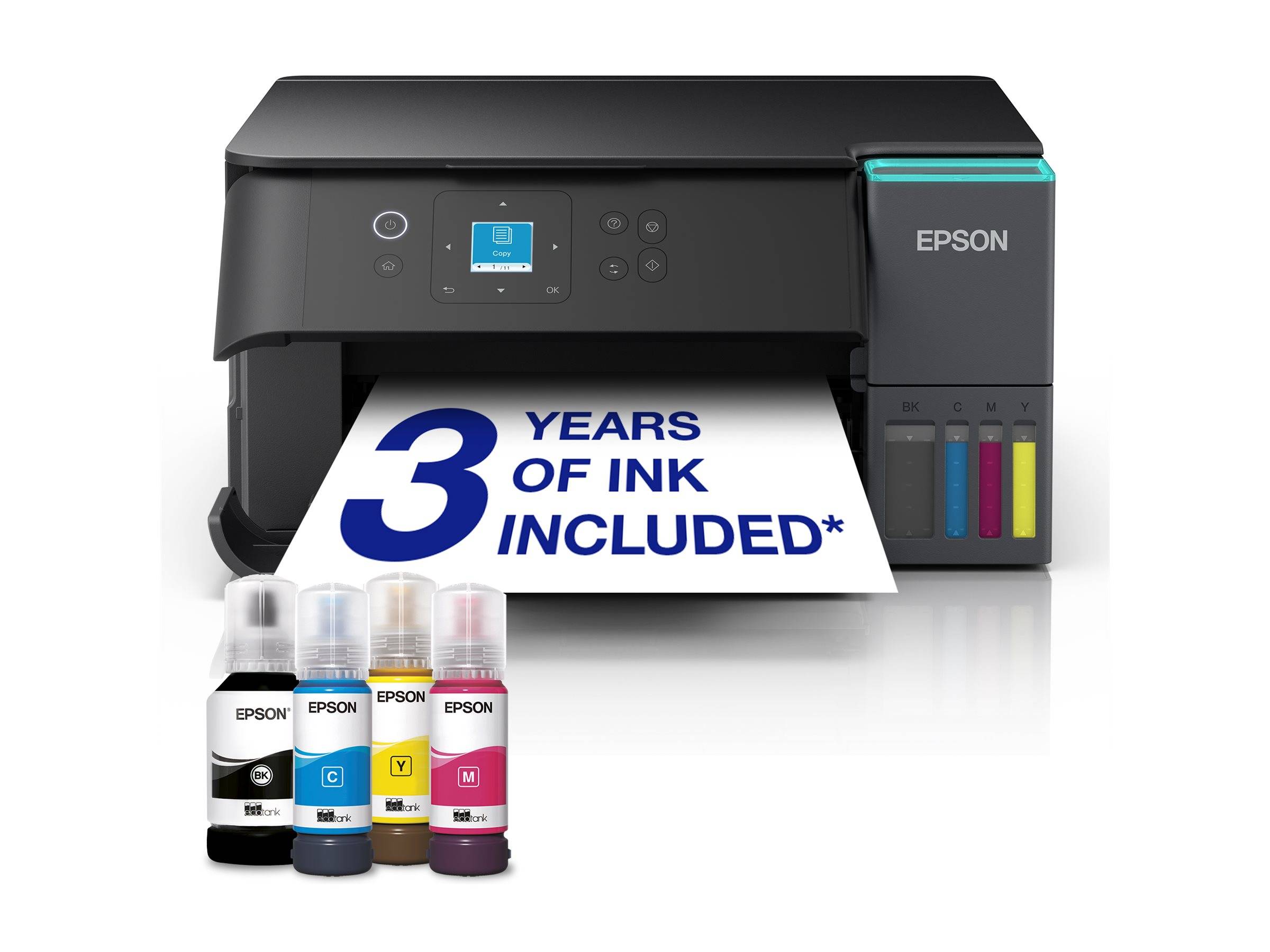 Epson Tintenstrahldrucker mit vier Tintenflaschen und einem Papierbanner mit der Aufschrift „3 YEARS OF INK INCLUDED*