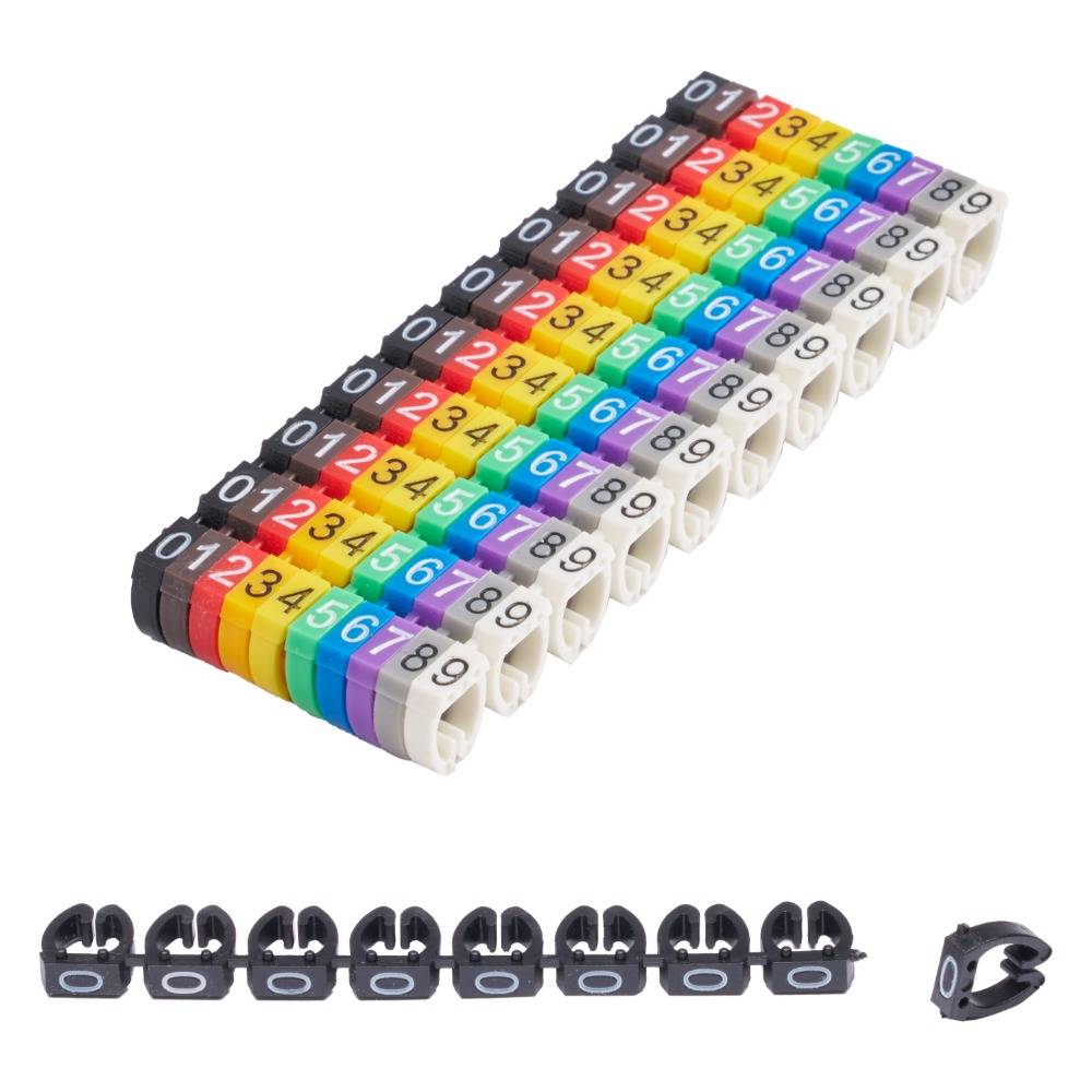 Offgridtec Kabelmarker Clips 0–9, 100 Stück, für 4 mm² Kabel, je 10x Zahl