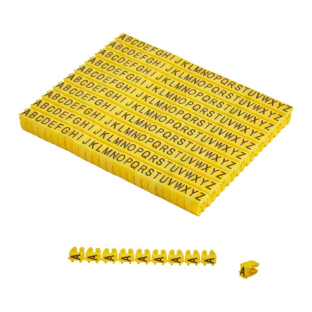 Offgridtec Kabelmarker Clips A–Z, 260 Stück, für 2,5 mm² Kabel, je 10x Buchstaben, gelb