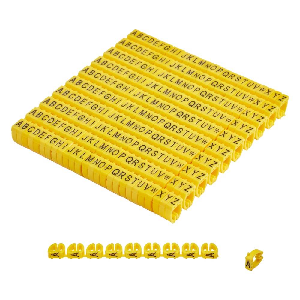 Offgridtec Kabelmarker Clips A–Z, 260 Stück, für 6 mm² Kabel, je 10x Buchstaben, gelb