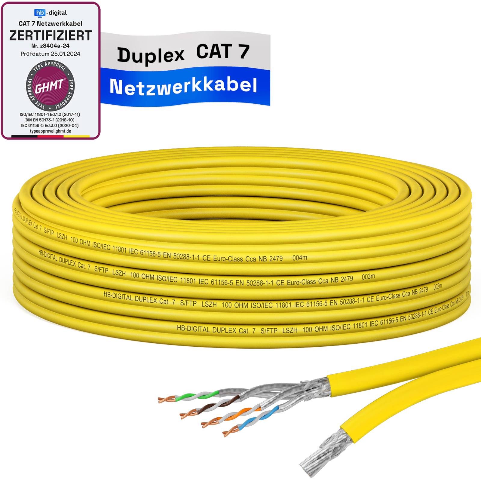 hb-digital Netzwerkkabel CAT 7 10m Duplex max. 1000 MHz S/FTP LSZH AWG23 gelb
