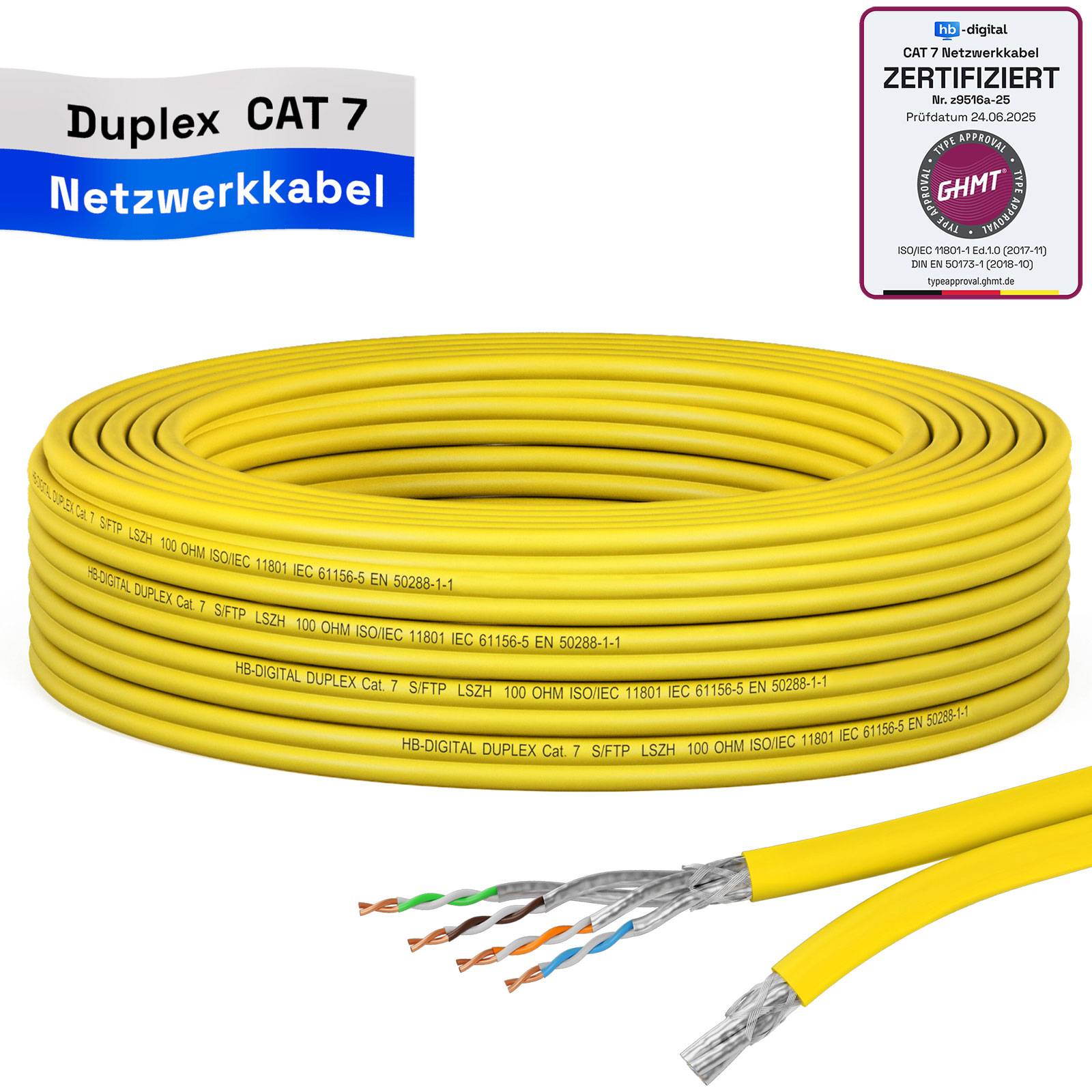 Aufgerolltes gelbes Duplex-CAT-7-Netzwerkkabel mit sichtbaren verdrillten Adernpaaren und einem Zertifizierungsetikett