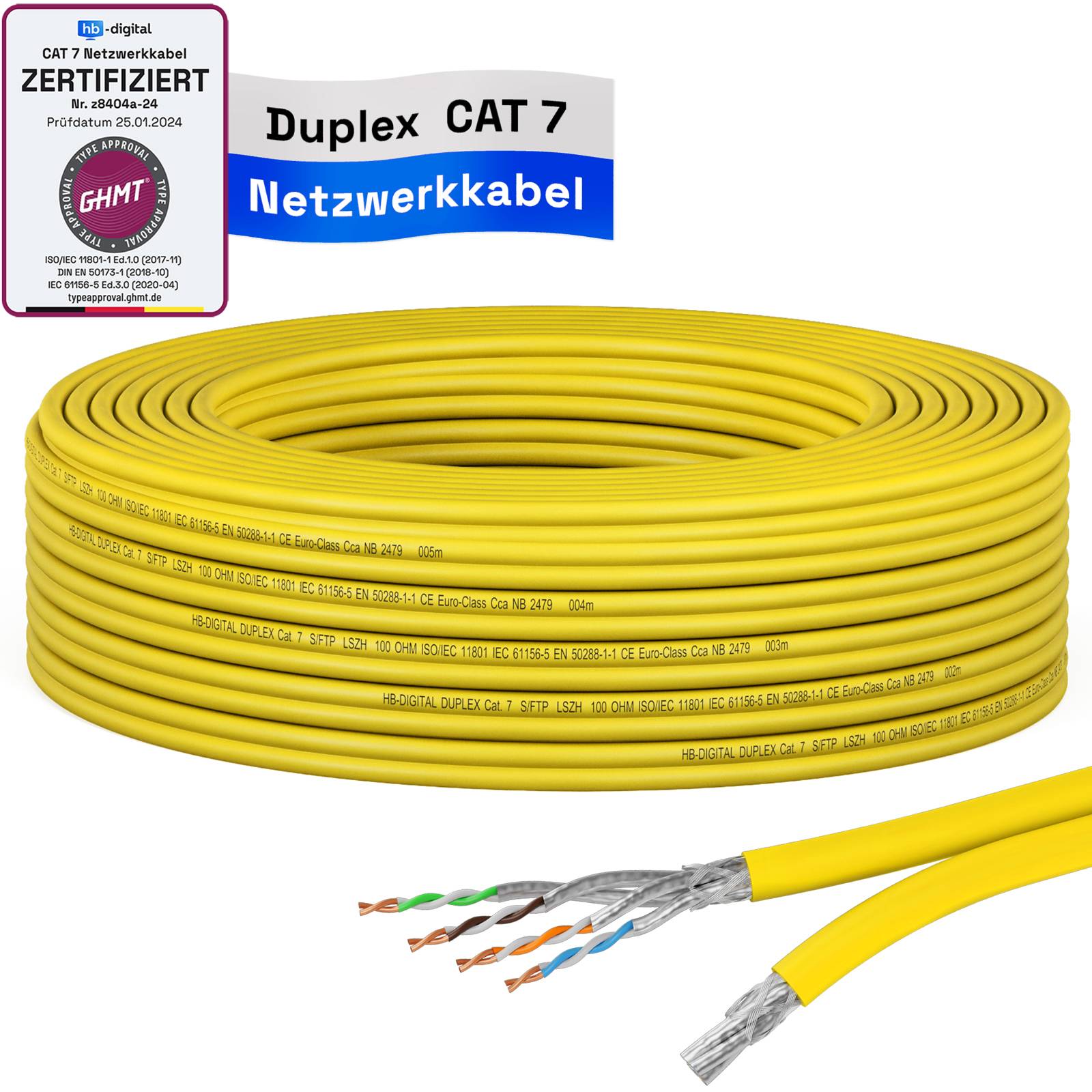 hb-digital Netzwerkkabel CAT 7 Duplex 15m max. 1000 MHz S/FTP LSZH AWG23 gelb
