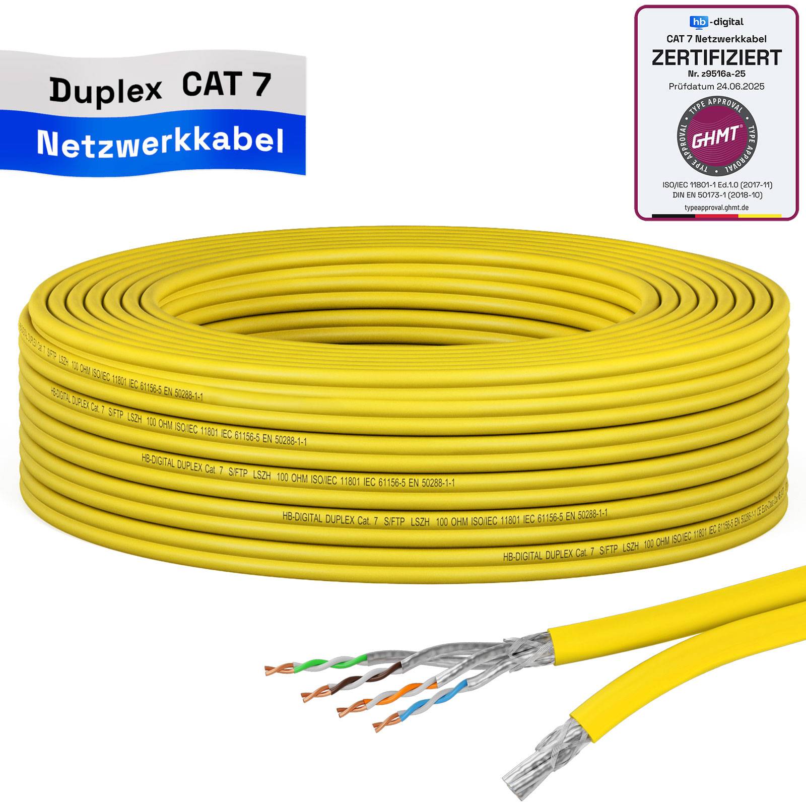 Gelbes CAT 7 Duplex-Netzwerkkabel in Spulenform mit freiliegender Twisted-Pair-Verkabelung; beschriftet mit „Duplex CAT 7 Netzwerkkabel