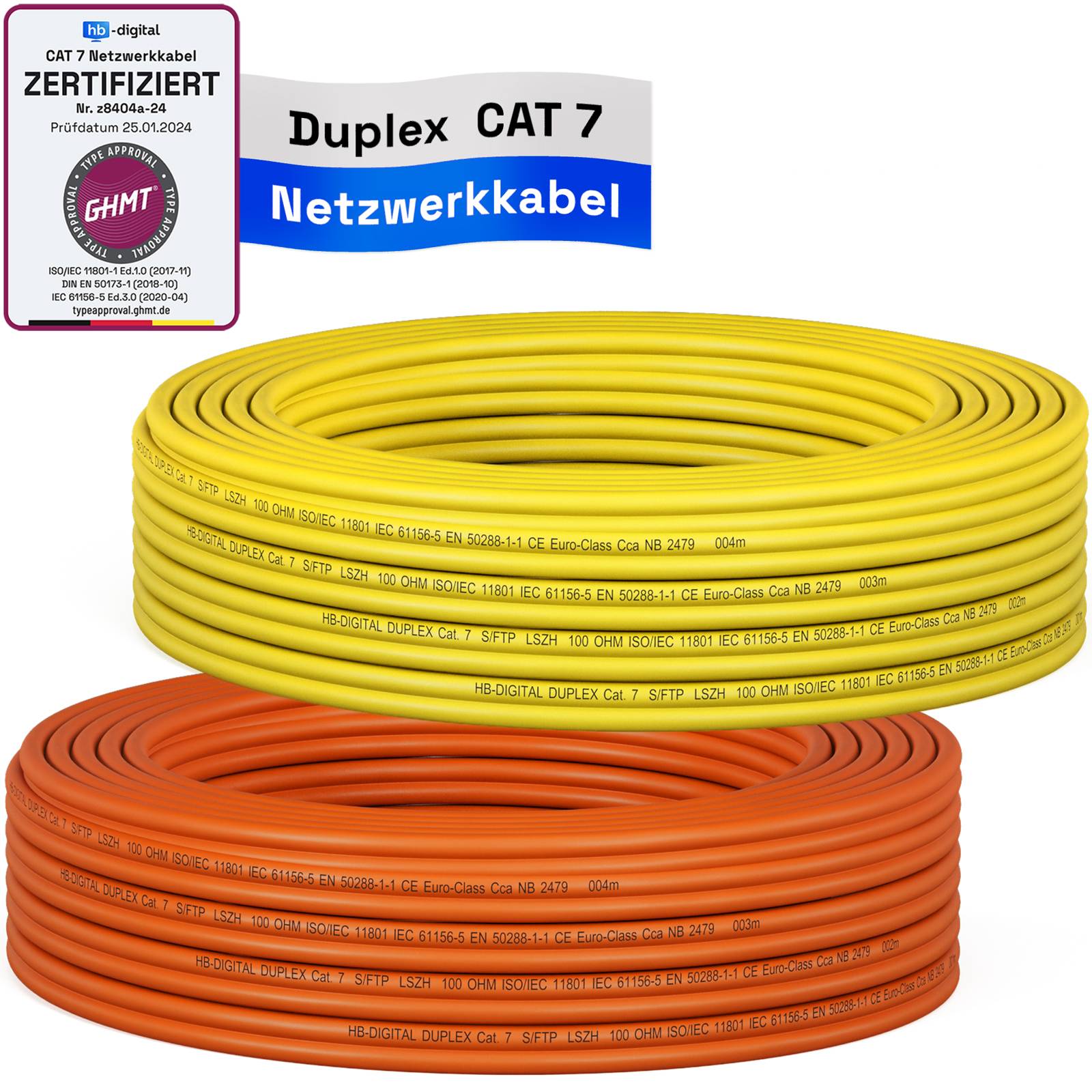 hb-digital Netzwerkkabel CAT 7 Duplex 15m max. 1000 MHz S/FTP LSZH AWG23 gelb