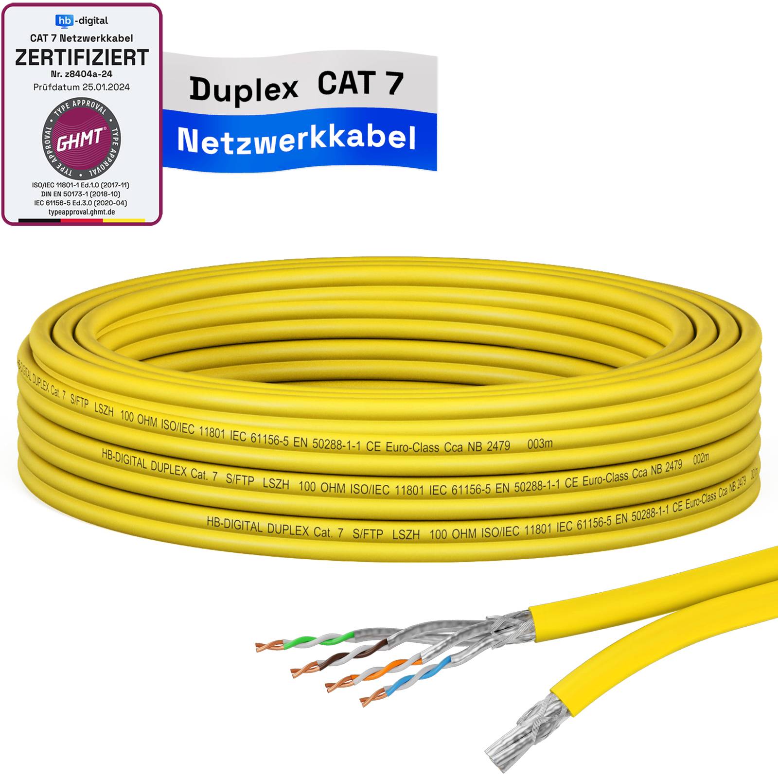 hb-digital Netzwerkkabel CAT 7 Duplex 5m max. 1000 MHz S/FTP LSZH AWG23 gelb