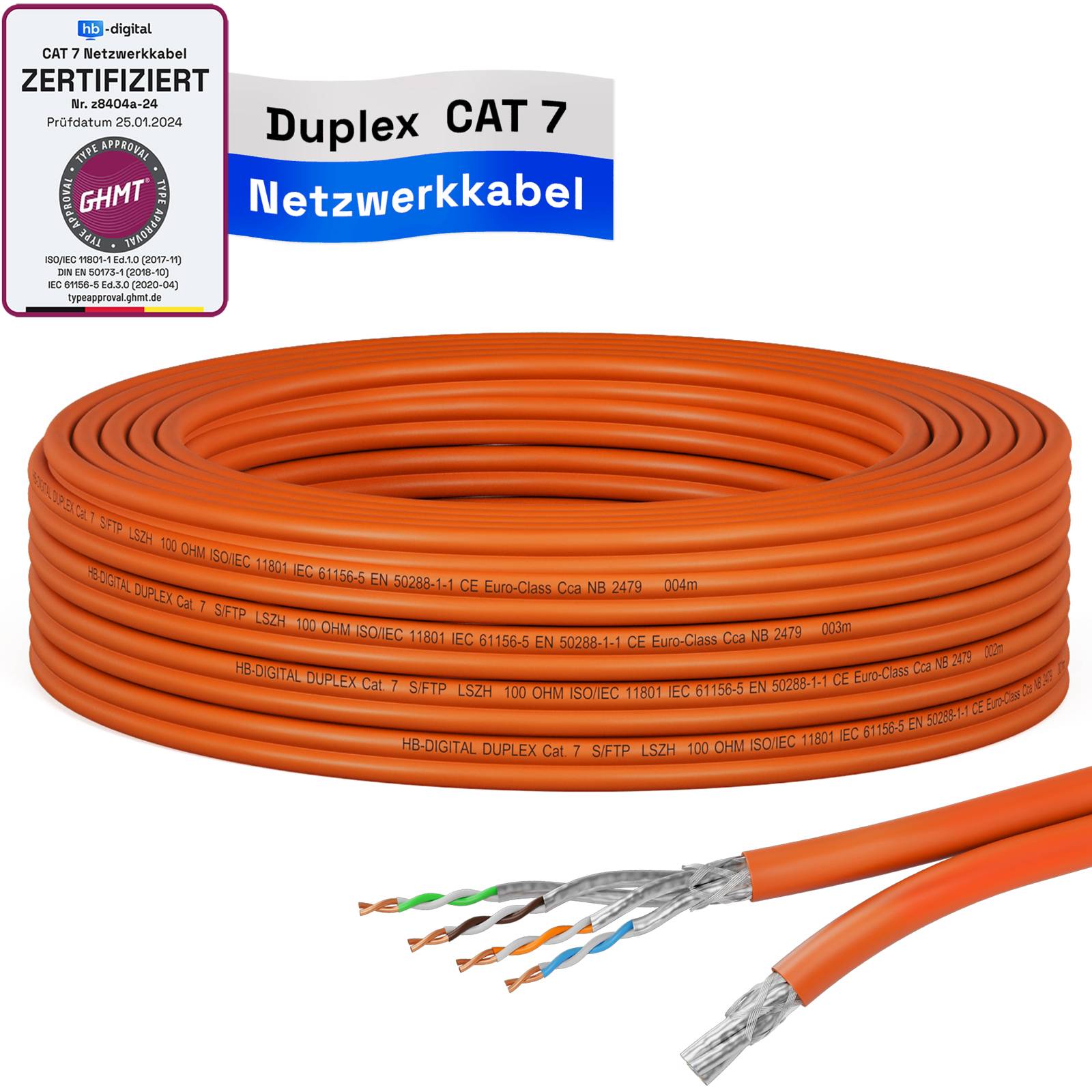 hb-digital Netzwerkkabel CAT 7 Duplex 10m max. 1000 MHz S/FTP LSZH AWG23 orange