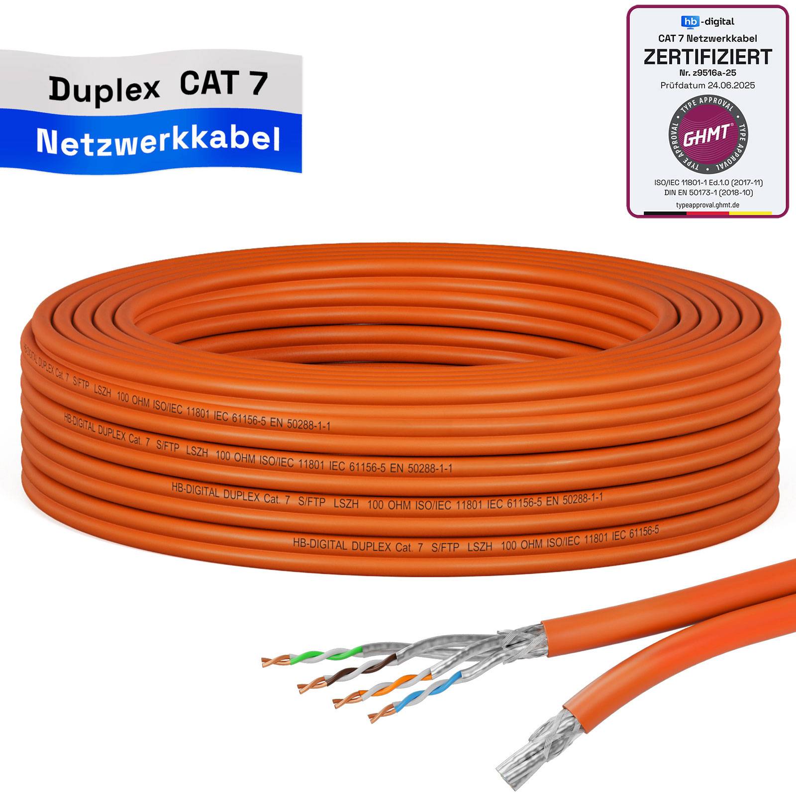 Aufgerolltes orangefarbenes Duplex-CAT-7-Netzwerkkabel mit freiliegenden verdrehten Drahtenden und einem 