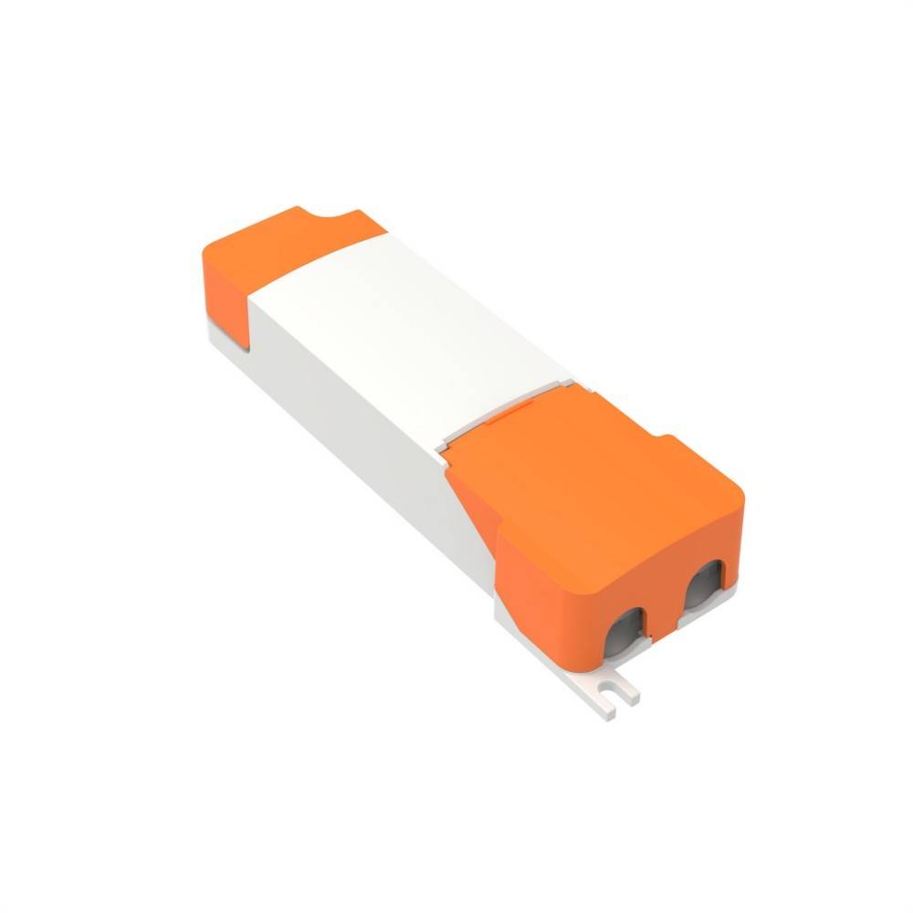 3D-Rendering einer kleinen orange-weißen elektronischen Komponente mit zwei Metallableiter, isoliert auf weißem Hintergrund.