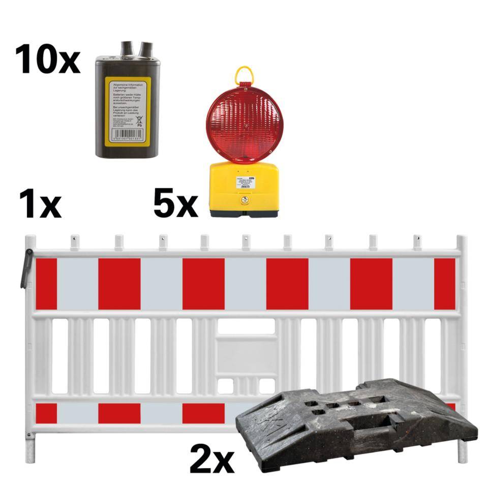 Vorteils-Set Baustellensicherung RA1, inkl. 2 Fußplatten, 5 Baustellenleuchten, rot, 10 Blockbatterien 4R25