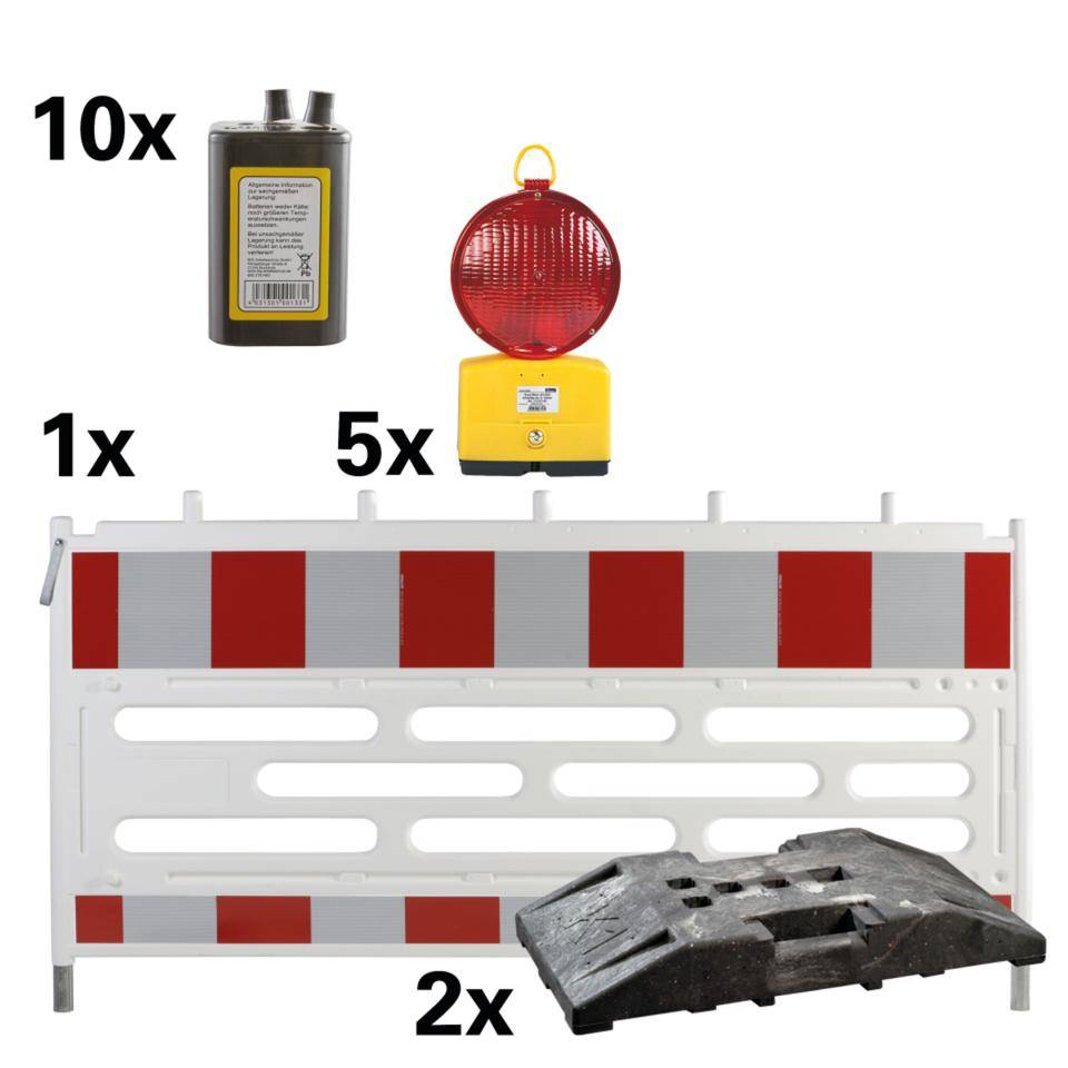 K.57 Vorteils-Set Baustellensicherung RA2, inkl. 2 Fußplatten, 5Baustellenleuchten, rot, 10 Blockbatterien 4R25