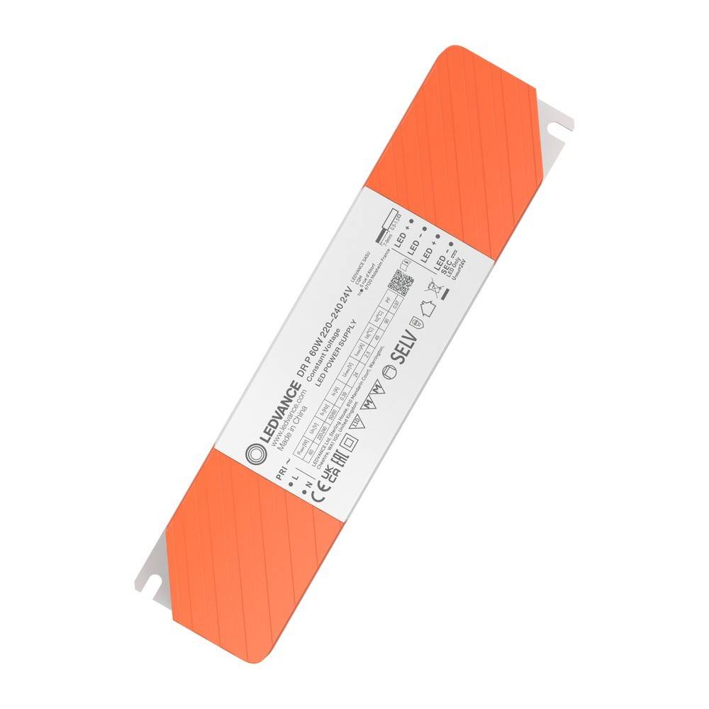 Langes rechteckiges LED-Treiber mit orangefarbenen Endkappen und weiß beschriftetem Mittelteil, diagonal auf weißem Hintergrund abgebildet.
