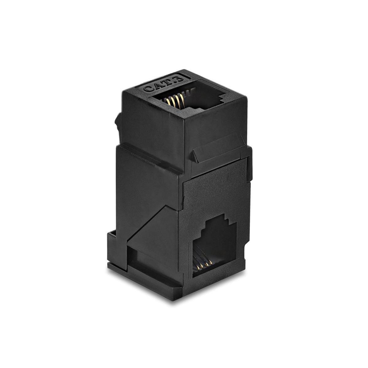 91379 - Delock Keystone Modul Kupplung RJ14 Buchse zu RJ14 Buchse 90° gewinkelt Cat.3 Kunststoff schwarz
