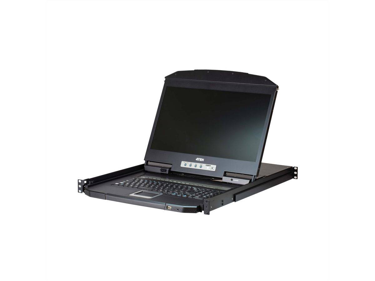 Rackmount-KVM-Konsole mit integriertem Monitor, Tastatur und Touchpad, geöffnet vor weißem Hintergrund dargestellt.