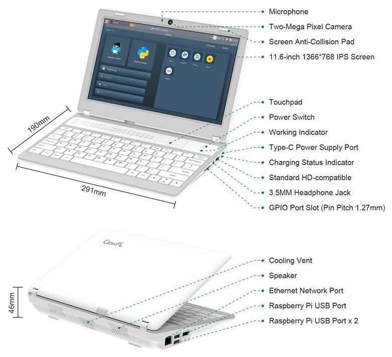 Elecrow CrowPi L Raspberry Pi Laptop, 11,6 Zoll Display, 40-Pin GPIO, 5000mAh Akku, ohne Pi, QWERTY