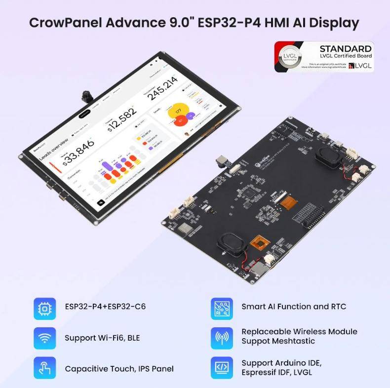 Elecrow CrowPanel Advance 9" HMI-Touch-Display, ESP32-P4/C6, Wi-Fi 6, BT 5.3, Flash/PSRAM, GPIO, 5V