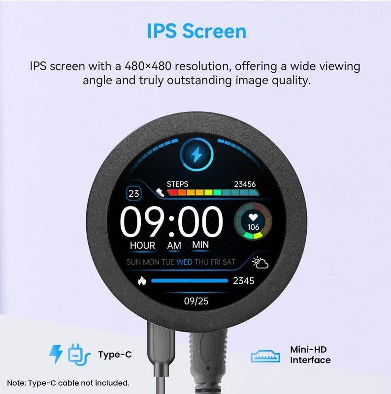 Elecrow 2.8inch Round IPS Display, 480x480 Pixel, Mini HDMI, USB-C, Aluminiumgehäuse, 0,9W, 5V