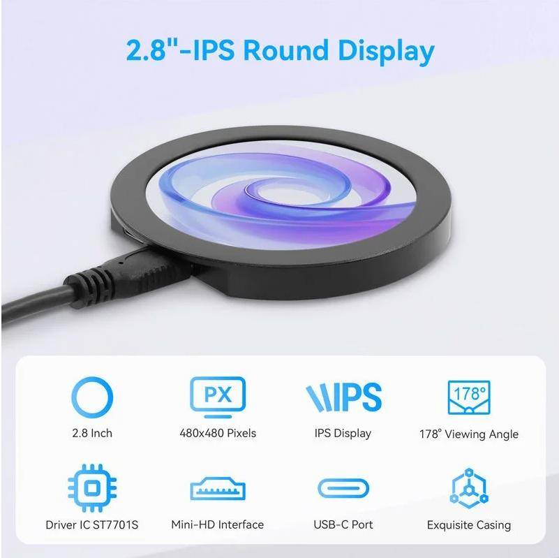 Elecrow 2.8inch Round IPS Display, 480x480 Pixel, Mini HDMI, USB-C, Aluminiumgehäuse, 0,9W, 5V