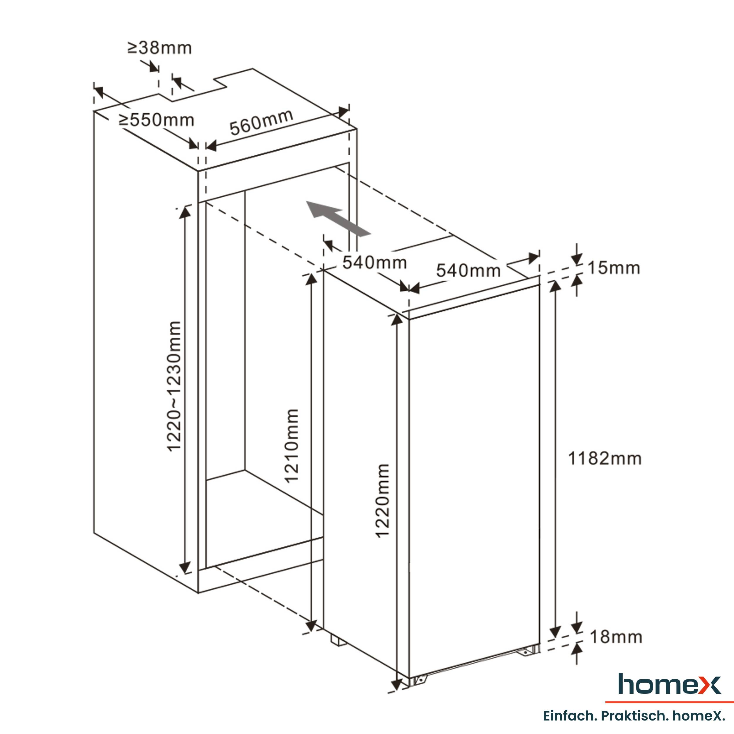 homeX CFB1811E Einbaukühlschrank mit Gefrierfach, 122cm Nische - 181 Liter, Schlepptürtechnik, LED-Beleuchtung, 39 dB