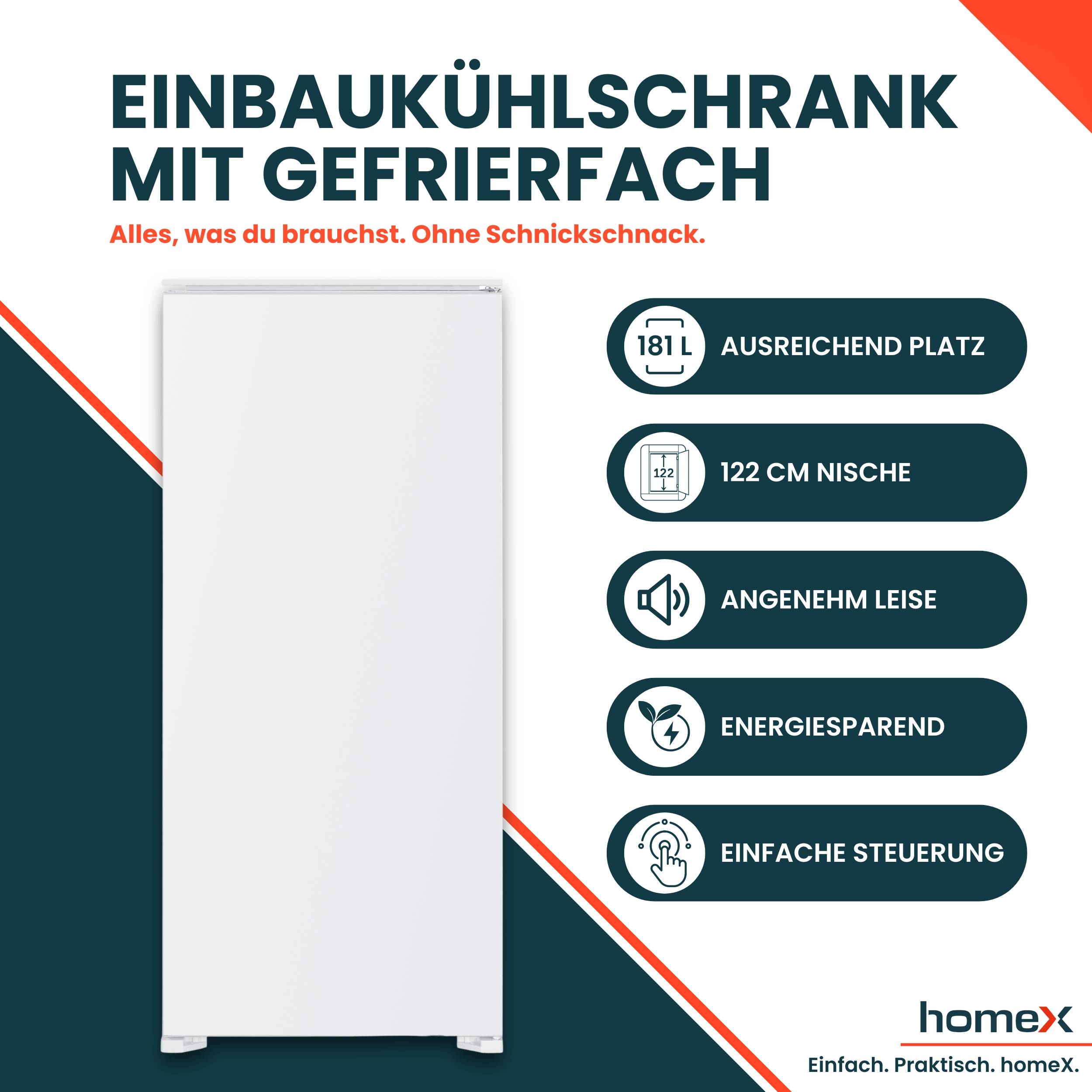 homeX CFB1811E Einbaukühlschrank mit Gefrierfach, 122cm Nische - 181 Liter, Schlepptürtechnik, LED-Beleuchtung, 39 dB
