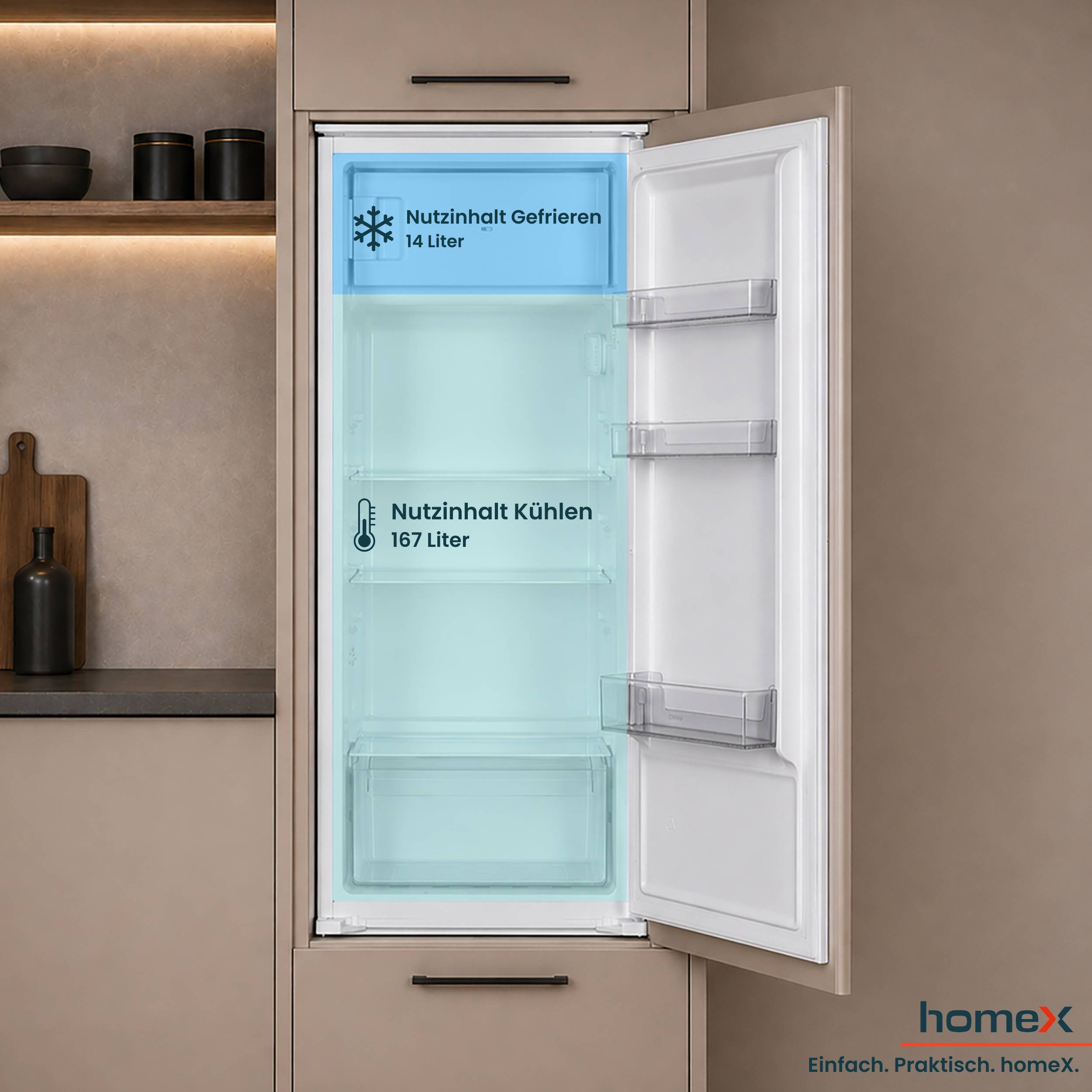 homeX CFB1811E Einbaukühlschrank mit Gefrierfach, 122cm Nische - 181 Liter, Schlepptürtechnik, LED-Beleuchtung, 39 dB